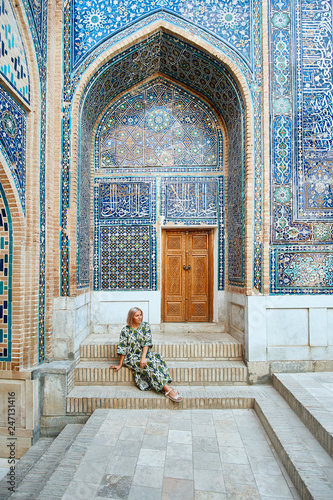 Woman Travaler on East Asia Mosque Vault Backdrop