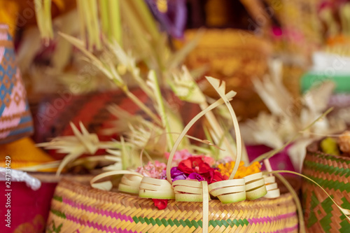 Traditional balinese offerings to gods. Tropical island of Bali  Indonesia.