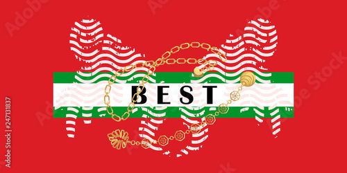 Best t-shirt and gold chains and pendants fashion print on red background. Rough wings lines trendy style for tshirt and apparel print.