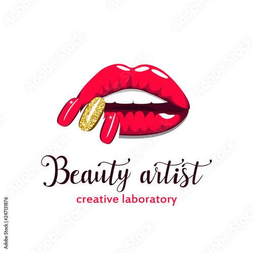 girl lips with bright red and gold manicure nails.