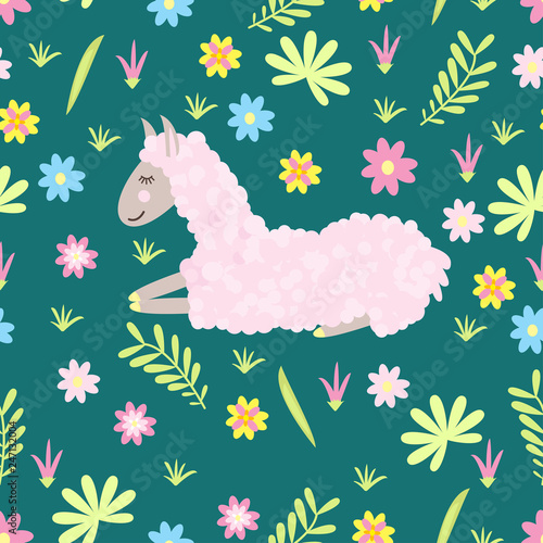 seamless pattern with lama and flowers- vector illustration, eps