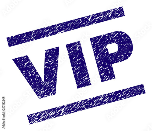 VIP seal print with grunge style. Blue vector rubber print of VIP text with corroded texture. Text tag is placed between parallel lines.