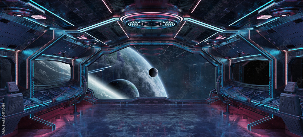 Obraz premium Grunge Spaceship interior with view on planet Earth 3D rendering