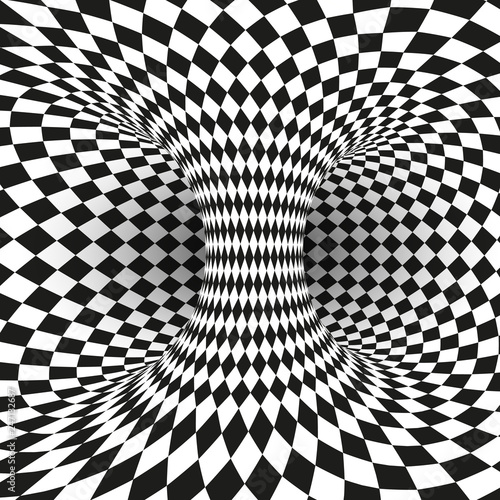 Geometric Square Black and White Optical Illusion. Abstract Wormhole Tunnel. Abstract design frame of wormhole. Distort of space and time. Vector illustration