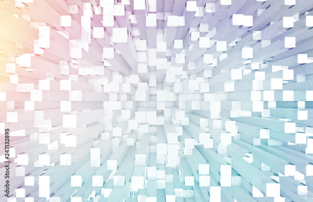 Glowing white and colorful abstract squares background pattern 3D rendering Glowing white and colorful abstract squares background pattern 3D rendering