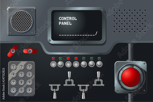 Control panel with display, buttons and handles. Vintage metalic controller. Industry equipment. Laboratory dashboard.