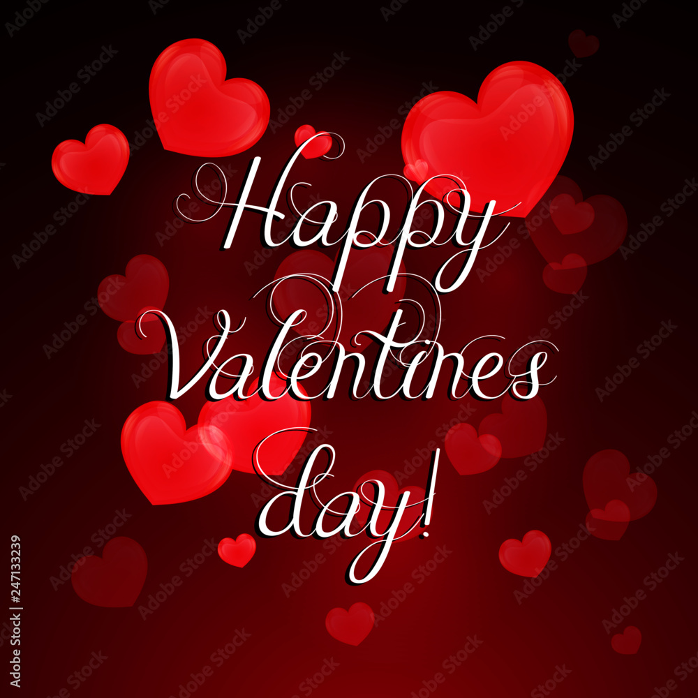 Happy valentines Day greeting card with air red hearts. Vector colorful illustration for your design 