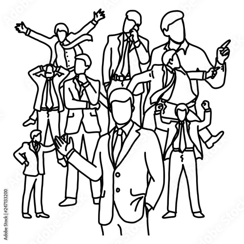 outline businessman with many activities vector illustration sketch doodle hand drawn with black lines isolated on white background