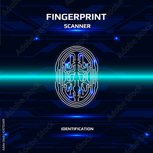 Futuristic Fingerprint Light Blue Scanner Identification Protection Dashboard. HUD Blue UI Element Technology Background Authorization System Illustration.