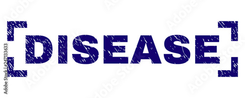 DISEASE title seal print with grunge style. Text tag is placed between corners. Blue vector rubber print of DISEASE with grunge texture.