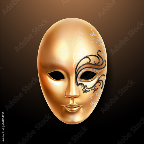 Golden mask with ornately lace. Volto type face cover or carnival mask. Masquerade woman mask or theater man masque. Italian festive or venetian mardi gras, brazil party or holiday theme