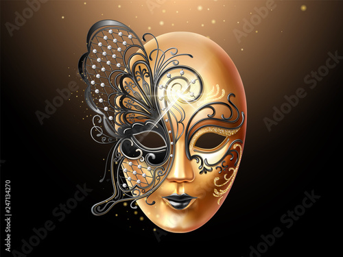 Volto mask decorated with diamonds and butterfly lace. Face cover design for party or carnival, masquerade and holiday celebration. Man and woman masque. Italian or venetian mardi gras theme