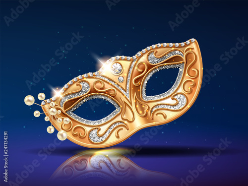 Beads near golden mask for festival. Beading near theatrical colombina masque. Face cover for party masquerade or brazil carnival. Man and woman costume part for mardi gras or opera. Fashion, holiday
