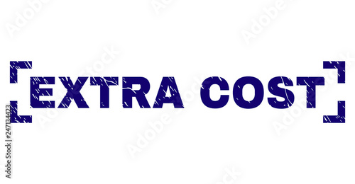 EXTRA COST tag seal print with distress texture. Text caption is placed between corners. Blue vector rubber print of EXTRA COST with corroded texture.