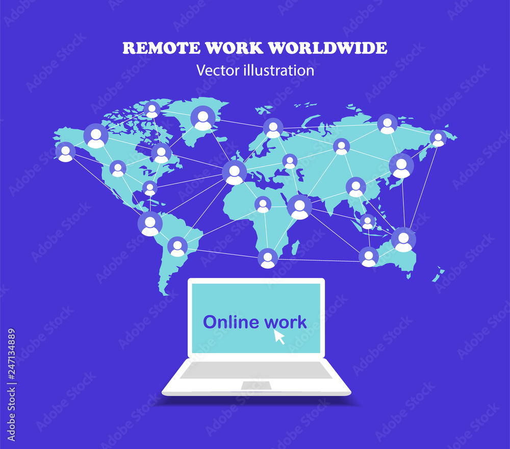 The concept of remote work around the world. Work online. Work on a laptop. Freelancer. Flat design. The concept of remote work around the world. Work online. Work on a laptop. Freelancer. Flat design.