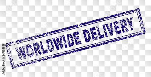 WORLDWIDE DELIVERY stamp seal imprint with dirty style and double framed rectangle shape. Stamp is placed on a transparent background.