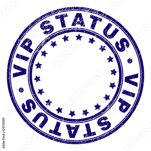 VIP STATUS stamp seal imprint with distress texture. Designed with round shapes and stars. Blue vector rubber print of VIP STATUS label with grunge texture.