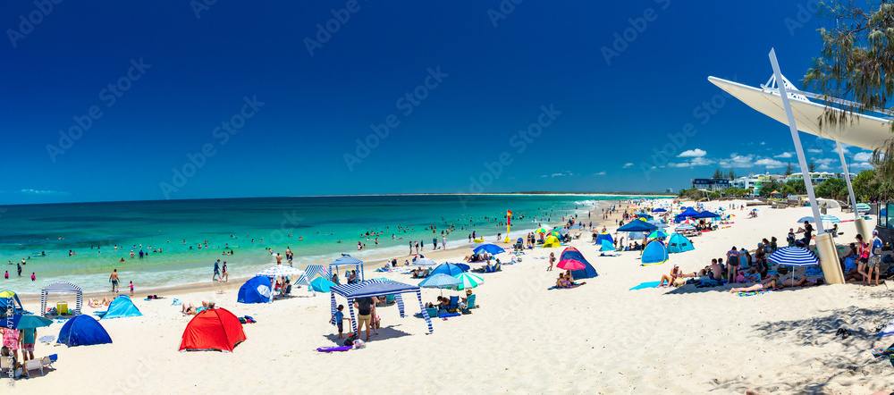CALOUNDRA, AUS - Jan 27 2019: Hot sunny day at Kings Beach Calundra, Queensland, Australia