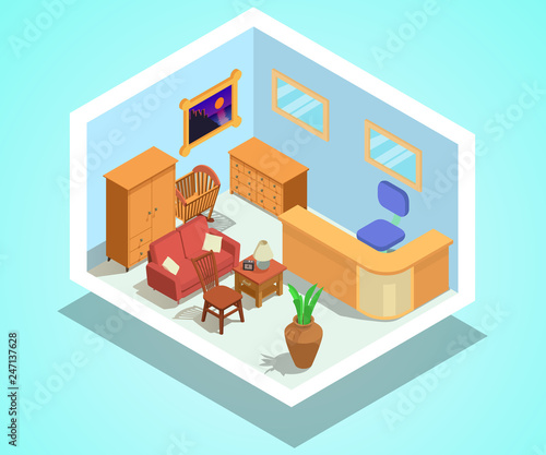 Shop furniture concept banner. Isometric banner of shop furniture vector concept for web, giftcard and postcard