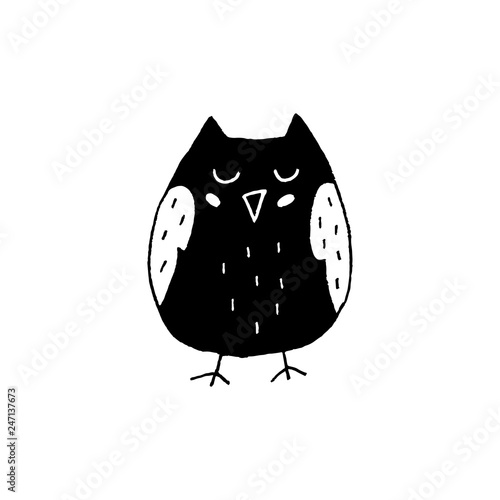 Cute cartoon hand drawn owl icon. Sweet vector black and white owl icon. Isolated monochrome doodle owl icon on white background.