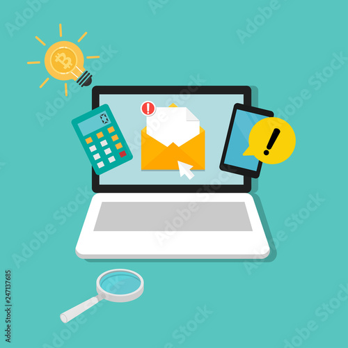 New email notification on laptop, computer symbol  flat cartoon design