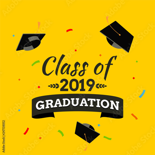 Black graduate caps and confetti. Vector background for banners, invitation card and greeting. Graduation Party concept.