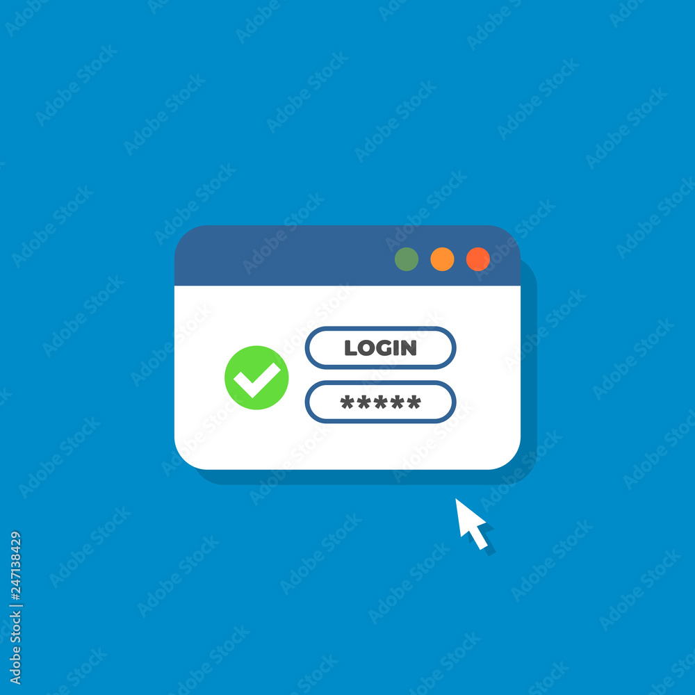 Login form page with green tick icon, username and password. Window browser with user authorization. Registration form. Vector illustration in flat style. Login form page with green tick icon, username and password. Window browser with user authorization. Registration form. Vector illustration in flat style.
