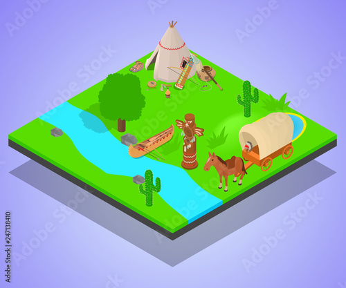 Native inhabitant concept banner. Isometric banner of native inhabitant vector concept for web, giftcard and postcard