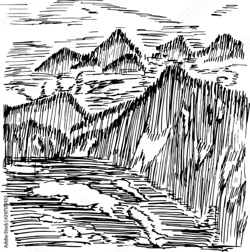 Illustration of mountains and far, floating in the mist of mountains and lakes, made by shading.