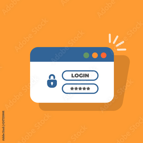 Login form page with lock, username and password. Window browser with user authorization. Registration form. Vector illustration in flat style.