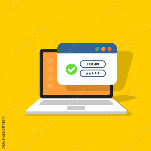 Authorization form on screen laptop. Password login. Username form. Registration form. Vector illustration in flat style.