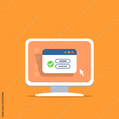 Authorization form on screen computer. Password login. Username form. Registration form. Vector illustration in flat style.