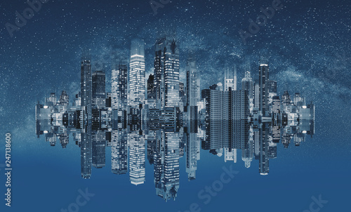 Futuristic modern buildings technology. Abstract cityscape with reflection and starry sky  © SasinParaksa