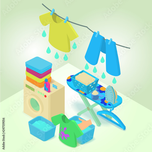 Washable concept banner. Isometric banner of washable vector concept for web, giftcard and postcard