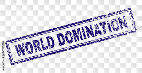 WORLD DOMINATION stamp seal print with rubber print style and double framed rectangle shape. Stamp is placed on a transparent background.