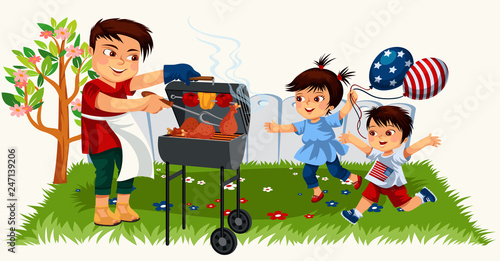 Cheerful man cooking chicken legs on barbeque