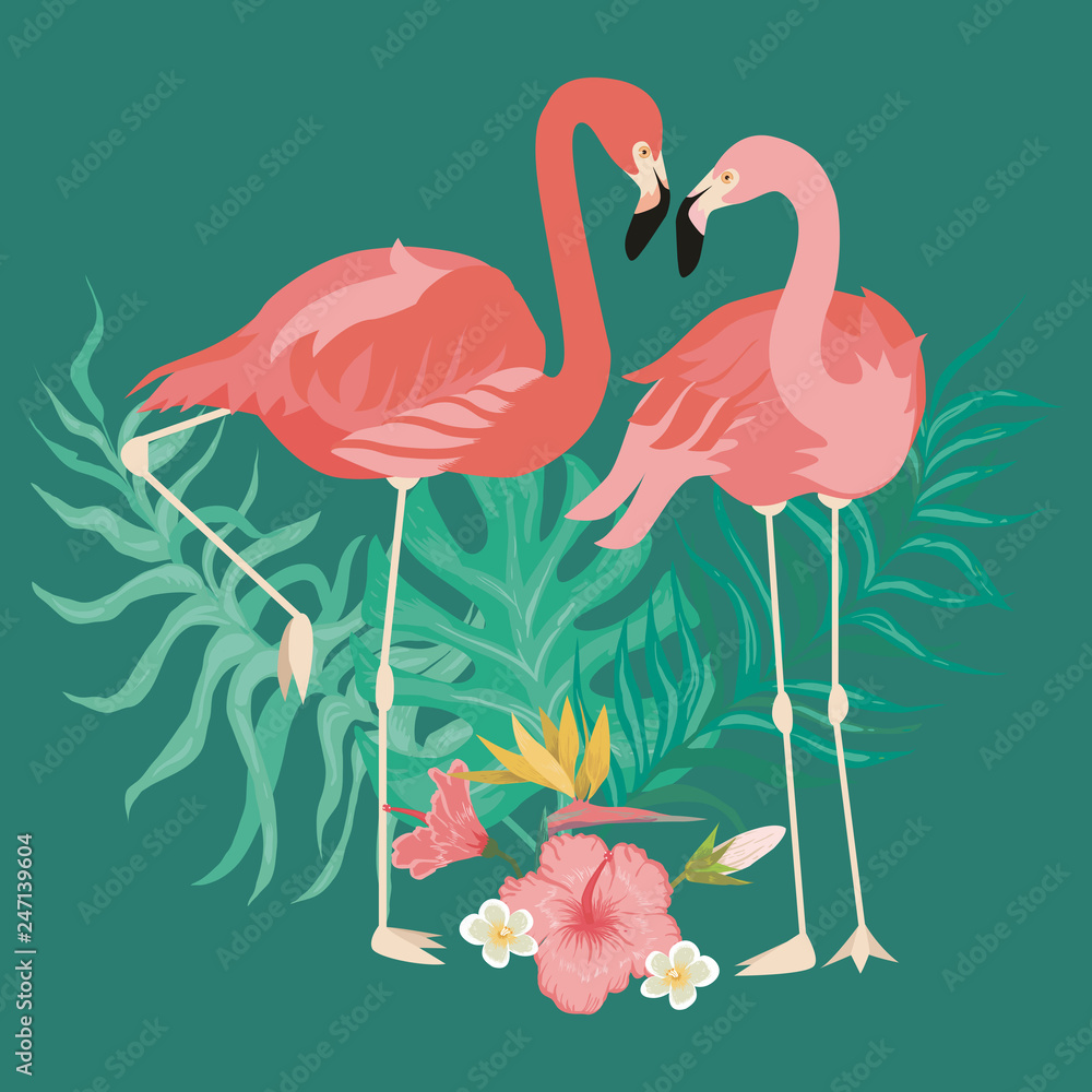 Fototapeta premium Tropikalne różowe ptaki flamingów i egzotyczne rośliny