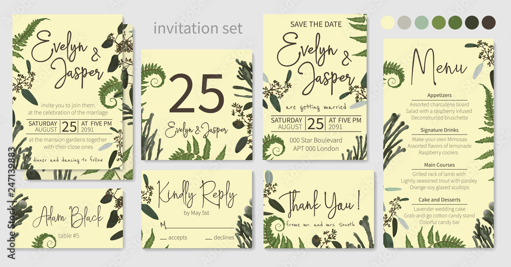 Set of wedding invitations, floral invitations, table, menu, thank you, rsvp card design. Flowering eucalyptus, dark green with long leaves, fern, brunia. Vector elegant pattern