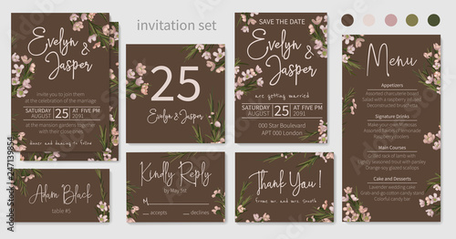 Set of wedding invitations, floral invitations, table, menu, thank you, rsvp card design. Branches of chamaelaucium, green leaves, needles with pink small flowers on a brown background. Vector photo
