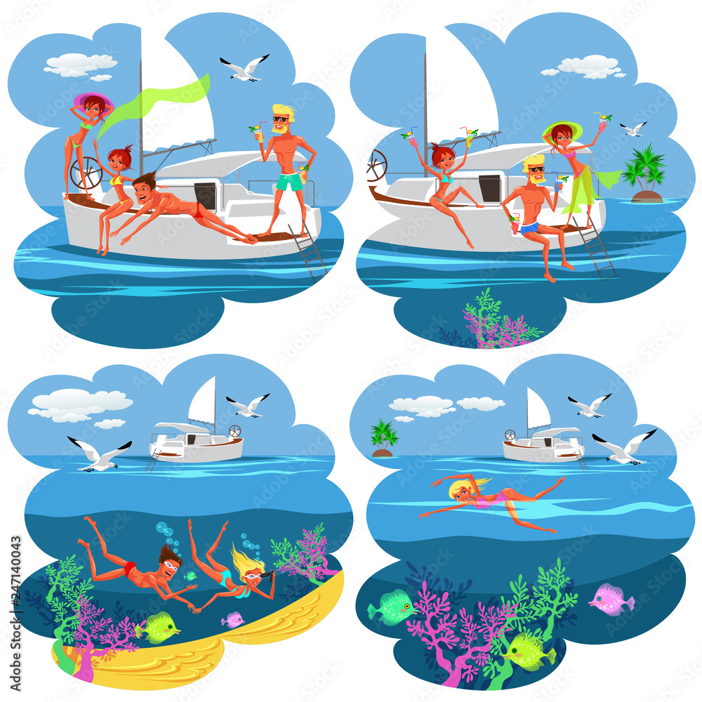 Cartoon collection of pictures with people having fun on yacht
