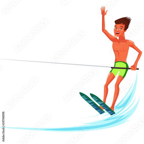 Brunette tanned man waterskiing in beautiful ocean