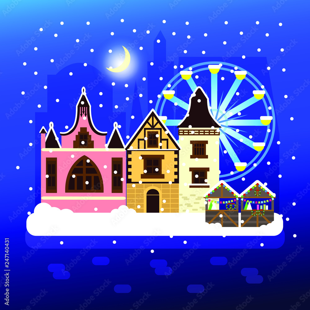 Vector illustration of Night Winter Moonlight city scene with snowfall. Landscape with elements of the Christmas market, stalls with gifts and the Ferris wheel.