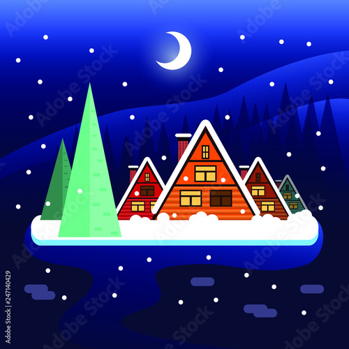 Winter holidays flat landscape scene on ski resort.