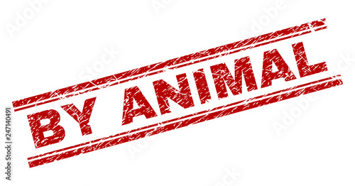 BY ANIMAL seal imprint with grunge texture. Red vector rubber print of BY ANIMAL label with retro texture. Text label is placed between double parallel lines.