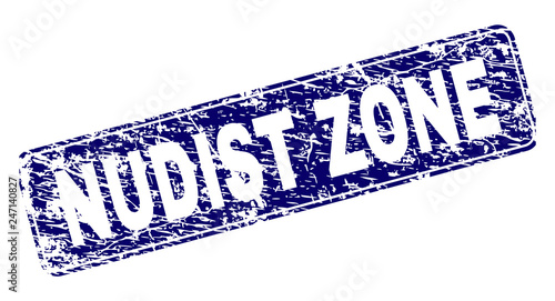 NUDIST ZONE stamp seal print with grunge texture. Seal shape is a rounded rectangle with frame. Blue vector rubber print of NUDIST ZONE label with scratched texture.