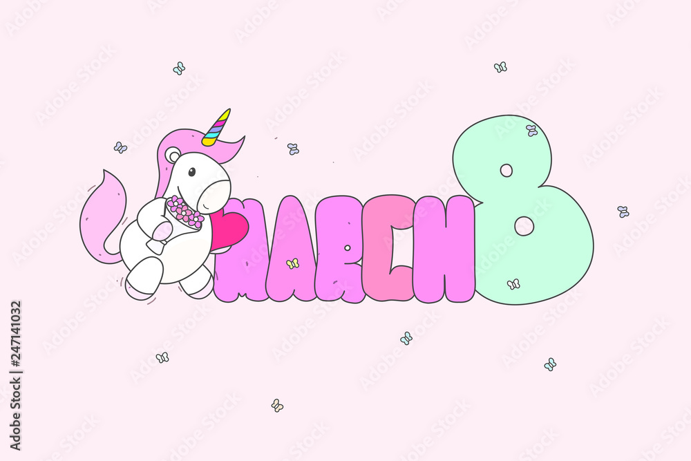 Postcard March 8th Unicorn Vector Flat Style Cartoon Style in Bed Color