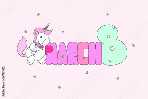 Postcard March 8th Unicorn Vector Flat Style Cartoon Style in Bed Color