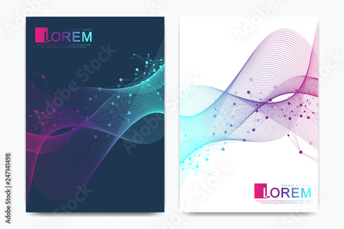 Modern vector template for brochure, leaflet, flyer, cover, catalog in A4 size. DNA helix, DNA strand, molecule or atom, neurons. Abstract structure for Science or medical background