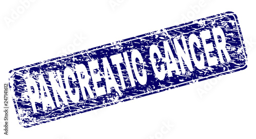 PANCREATIC CANCER stamp seal watermark with grunge style. Seal shape is a rounded rectangle with frame. Blue vector rubber print of PANCREATIC CANCER caption with grunge style.
