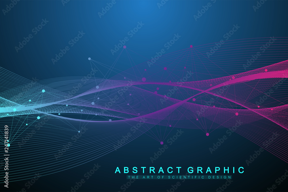Naklejka premium Quantum computer technology concept. Deep learning artificial intelligence. Big data algorithms visualization for business, science, technology. Waves flow. Vector illustration